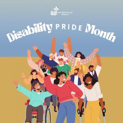 Image shows a diverse group of people with text above them that reads Disability Pride Month