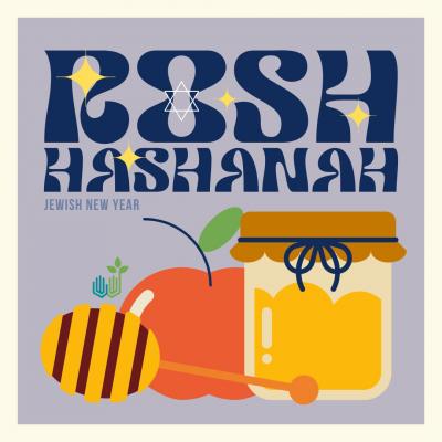 Graphic shows honey and an apple with text above it that reads Rosh Hashanah