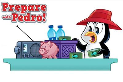 Prepare with Pedro text with illustrated penguin preparing a survival kit with radio, water, canned food